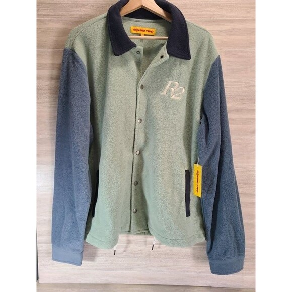 Round Two Fleece Snap Jacket M – Green Blue R2 Logo, Lightweight Pullover, NWT - Picture 1 of 9